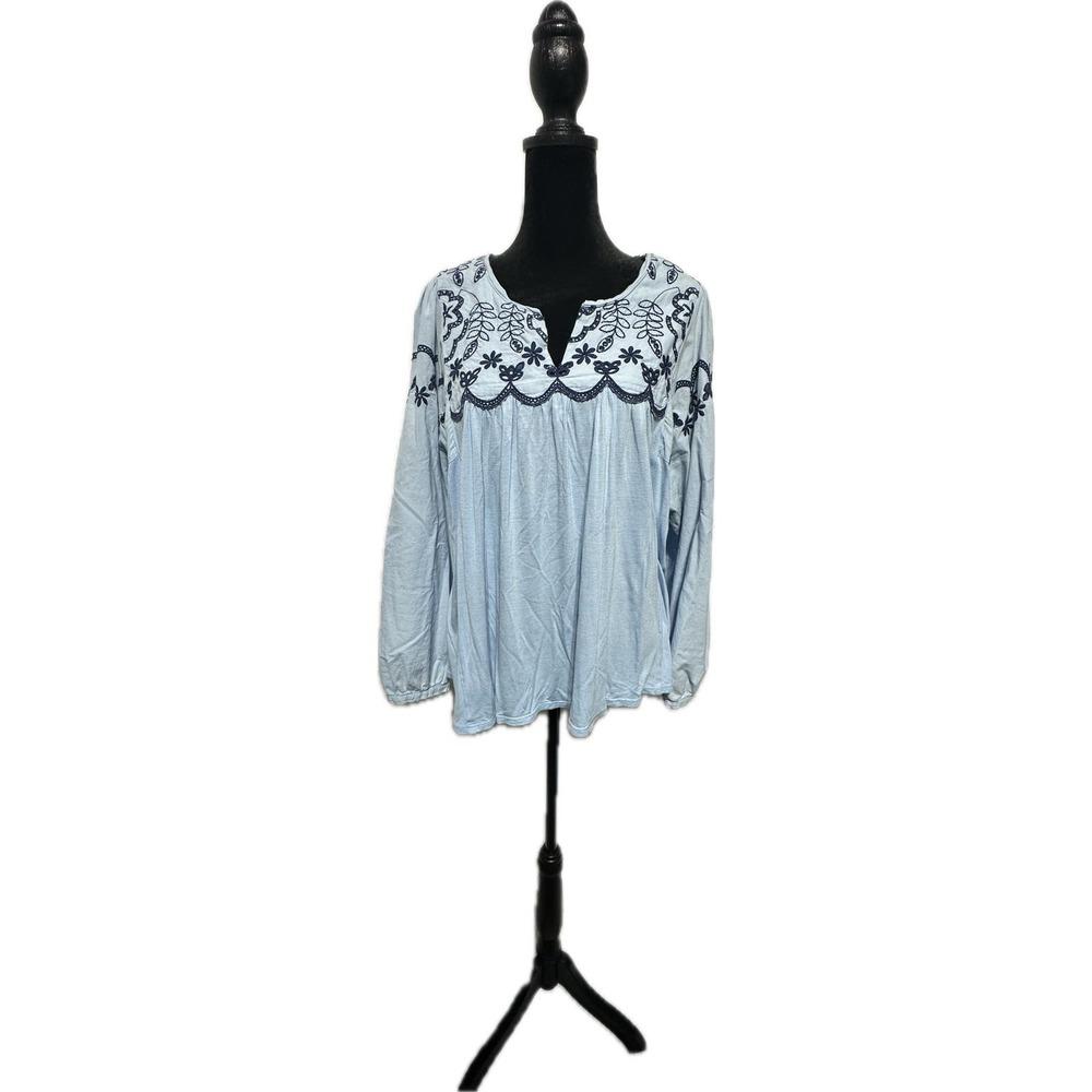 Anthropologie ONE SEPTEMBER‎ Blue Embroidered Peasant Blouse Balloon Sleeve Sz L